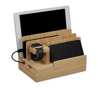 Relaxdays Charging Station, Tablet & Smartphone, iPhone, Apple Watch, H x W x D: 15 x 21.5 x 15, Bamboo, Natural