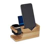 Relaxdays Charging Station, Tablet & Smartphone, iPhone, Apple Watch, H x W x D: 6 x 14 x 6.5, Bamboo, Natural