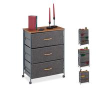 Relaxdays Chest of Drawers on Castors, 3 Fabric Drawers, Decor Fabric Stand, Wood Look, HWD 74.5 x 58 x 30 cm, Grey