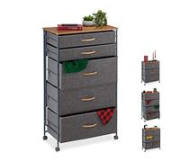 Relaxdays Chest Castors, 5 Drawers, Decor Fabric Stand, Wood Look, HWD 96.5 x 58 x 30 cm, Grey, Steel