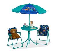 Relaxdays Children’s Camping Furniture Set with Parasol, Folding Chairs & Table, Garden Ensemble, Dinosaur, Turquoise