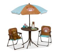 Relaxdays Children’s Camping Furniture Set with Parasol, Folding Chairs & Table, Kids’ Garden Ensemble, Bear, Brown