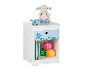 Relaxdays Children's Bedside Table, Cute Sailor Design, Drawer & Storage Compartment, HWD: 41 x 32 x 31 cm, White/Blue, Fibreboard