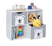 Relaxdays Children's Bookshelf, Toy Storage, 4 Compartments, Bear Motif, 2 Drawers, HxWxD: 48 x 60 x 24.5 cm, White/Grey, Fibreboard