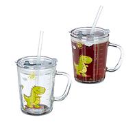Relaxdays Children's Cups, Set of 2, Dinosaur Design, Drinking Glass for Kids, with Handle, Lid & Straw, 400ml, Clear, 12 x 12.5 x 9.5 cm