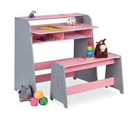 Relaxdays Children's Furniture Set, Bench & Height Adjustable Desk, 2 Compartments, HxWxD: 88 x 90 x 48 cm, Pink/Grey, Fibreboard
