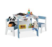 Relaxdays Children's Furniture Set, Dog Motif, 2 Chairs, Table with Storage Space & Blackboard, 51x60x60 cm, Colourful, Fibreboard