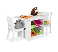 Relaxdays Children's Furniture Set, Kids' Table with 2 Chairs, with Colourful Storage Boxes, HxWxD: 52x75x46 cm, White, Fibreboard