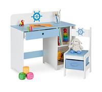 Relaxdays Children's Furniture Set, Table & Chair, Open Shelves & Drawers, Naval Motif, 79.5 x 80 x 40 cm, White/Blue, Fibreboard