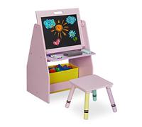 Relaxdays Children's Furniture Set, Toy Shelf, 2 Compartments, Blackboard & Fabric Box, Stool, HWD: 84x52x45 cm, Pink, Fibreboard