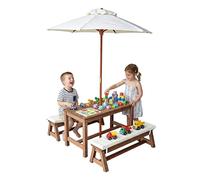 Relaxdays children's outdoor table & bench set, parasol & cushions, pine, for up to 4 children, brown