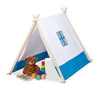 Relaxdays Children's Play Tent, with Window & Door, Wigwam, HWD: 92 x 86 x 120 cm, Indoor, Wooden Frame, Blue/White, Polyester