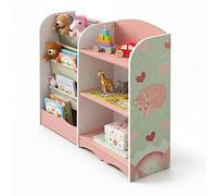 Relaxdays children's shelf, HxWxD 80x82x26 cm, 4 open compartments, 3 hanging pockets, MDF, pink/green