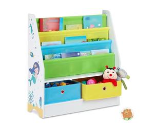 Relaxdays Children's Shelf, Mermaid Motif, 2 Boxes, 3 Compartments, Toy Storage, Bookshelf HWD: 74x71x23 cm, Colourful