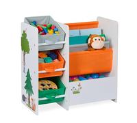 Relaxdays Children's Shelf with 3 Boxes, 4 Pockets, 1 Compartment, Toy Storage, Forest, HWD: 64 x 64 x 30 cm, Colourful, Iron