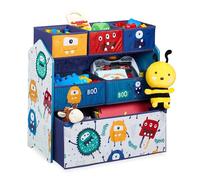 Relaxdays Children's Shelf with 6 Fabric Boxes, Monster Design, HxWxD: 66 x 63.5 x 30 cm, Toy Storage Unit, Colourful, Fibreboard