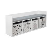 Relaxdays children's storage bench, HxWxD: 54 x 142 x 32 cm, reading seat with 4 boxes, animal designs, white/grey.