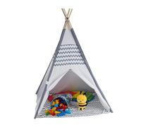 Relaxdays Children's Tipi Tent, with Floor, Wigwam, HWD: 150 x 120 x 120 cm, Indoor, Wooden Frame, Playroom, White/Grey