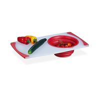 Relaxdays Chopping Board with Colander, Plastic 50 x 29 cm, Cutting Mat with Collapsible Sieve, Kitchen, White/Red