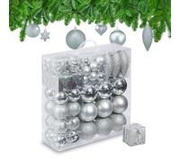 Relaxdays Christmas Bauble Set of 110, Glittery, Matt & Shiny Ornaments, Plastic Xmas Tree Balls, HxD: 9 x 8 cm, Silver