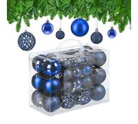 Relaxdays Christmas Bauble Set of 50, Glittery, Matt & Shiny Ornaments, Plastic Xmas Tree Balls, Ø: 3, 4 & 6 cm, Blue