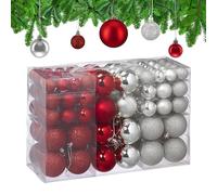 Relaxdays Christmas Baubles, Set of 100, Tree Ornaments, ∅ 3, 4 & 6 cm, Decorations, Glittery, Matte & Shiny, Silver/Red