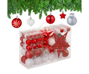 Relaxdays Christmas Baubles Set of 101, Glittering, Tree Decorations, Spheres & Spikes, Plastic, Traditional, Red