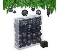 Relaxdays Christmas Bauble Set of 110, Glittery, Matt & Shiny Ornaments, Plastic Xmas Tree Balls, HxD: 9 x 8 cm, Black