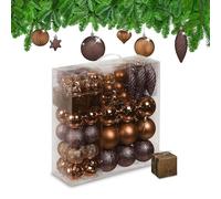 Relaxdays Christmas Baubles, Set of 110, Glittery, Matt & Shiny Ornaments, Plastic Decorations, HxD: 9 x 8 cm, Brown