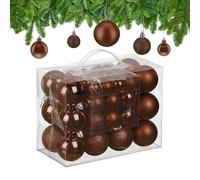 Relaxdays Christmas Baubles, Set of 50, Tree Ornaments, Holiday Decorations, Plastic, Glittery, Matte & Shiny, Brown, 3 Sizes
