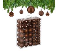 Relaxdays Christmas Baubles, Set of 50, Tree Ornaments, Holiday Decorations, Plastic, Glittery, Matte & Shiny, Brown, 3 Sizes