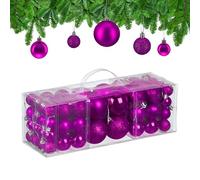 Relaxdays Christmas Baubles, Set of 76, Tree Ornaments, Holiday Decorations, Plastic, Glittery, Matte & Shiny, Violet, 3 Sizes
