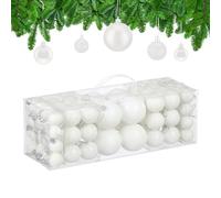 Relaxdays Christmas Baubles, Set of 76, Tree Ornaments, Holiday Decorations, Plastic, Glittery, Matte & Shiny, White