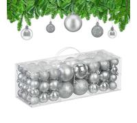 Relaxdays Christmas Baubles, Set of 76, Tree Ornaments, Holiday Decorations, Plastic, Glittery, Matte & Shiny, Silver, 3 Sizes