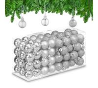 Relaxdays Christmas Baubles Set of 96, Glittering, Matt and Sparkles, Plastic, Traditional Spheres, Decorations, Silver, 4 x 3 x 3 cm
