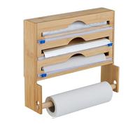 Relaxdays Cling Film Dispenser, with Kitchen Roll Holder, Foil & Baking Paper, Wall-Mounted, 31x36x10 cm, Bamboo, Brown