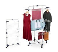 Relaxdays Clothes Airer, Folding Laundry Rack with Wheels, 3 Tiers, 33 m Drying Length, HWD: 135x70x70 cm, White/Blue, Iron, Plastic