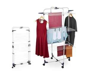 Relaxdays Clothes Airer, Folding Laundry Rack with Wheels, 3 Tiers, 33 m Drying Length, HWD: 135x70x70 cm, White/Blue