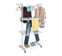 Relaxdays Clothes Airer, Vertical, Laundry Drying Rack, Foldable Wings, HWD: 179x126x63.5 cm, Metal, with Wheels, White