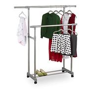 Relaxdays Clothes Rack with 2 Rails, Wardrobe on Wheels, Storage, Adjustable: Height 95-165 cm, Width 94-160 cm, Silver