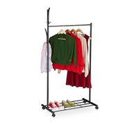 Relaxdays Clothes Rail, Mobile on Wheels with Brake, Coat Rack, HxWxD: 165 x 80 x 44 cm, Metal, with Shelf, Black