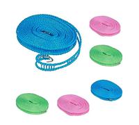 Relaxdays Clothesline, Set of 6, 5 m, Non-Slip, Flexible, Travel, Wash, with Hook, Camping Accessory, Blue, Pink, Green, 2 x 500 x 2 cm