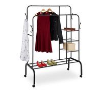 Relaxdays Clothing Rack, Double Clothes Rail with Wheels & Shelves, 154x110x55 cm, Freestanding Wardrobe, Metal, Black
