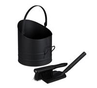 Relaxdays Coal Bucket with Handles, Scuttle incl. Shovel & Brush, Iron Ash Container for Fireplace, Metal, Black, Coco, Wood, 9.5 L