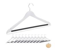 Relaxdays Coat Hanger Set of 12, for Shirts & Skirts, with Notches, Rubberised Trouser Bar, Sturdy Storage, Wood, White