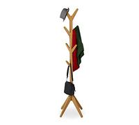 Relaxdays Coat Rack, Bamboo, 8 Hooks, HxWxD: 181.5 x 53 x 53 cm, Jackets, Scarf, Tree Form, Stable, Accessory, Natural