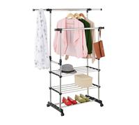 Relaxdays coat rack, rollable, adjustable, double rail & shelves, 86-147 cm height, 84-141 cm width, silver/black