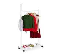 Relaxdays Coat Rack with Castors, HxWxD: 165 x 80 x 44 cm, Metal, Shelf, Mobile Clothes Stand, Movable Wardrobe, White