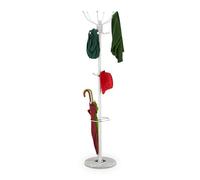 Relaxdays Coat Rack, with Marble Base, 16 Hooks & Umbrella, Stable Hallway Storage, HxØ: 176.5 x 36.5 cm, White, Steel