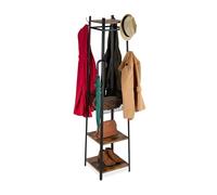 Relaxdays coat stand, 3 shelves & 8 hooks, HWD 181x43x43 cm, hall tree with wire basket, metal, black-brown